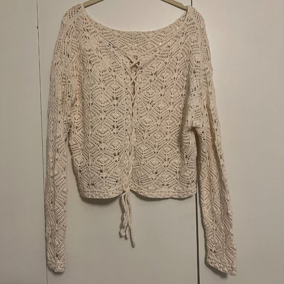 American Eagle Crochet Tie-Back Sweater, Cropped, Cream, Size L - Picture 5 of 8